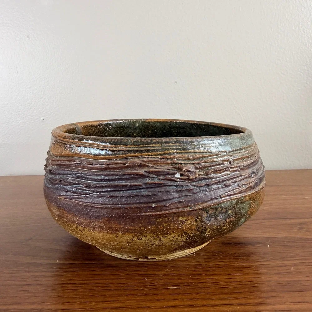 Signed Studio Art Pottery Bowl Rustic Hand Thrown Brown Green Stoneware 6 Inch